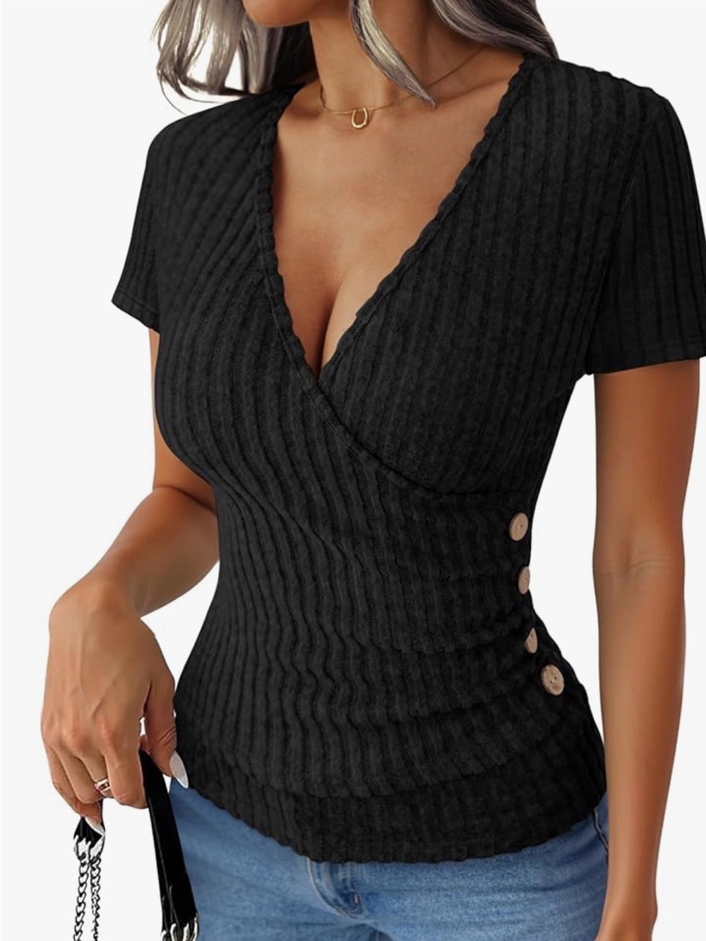 Amazon Black Ribbed Wrap Short Sleeve Top with Side Buttons